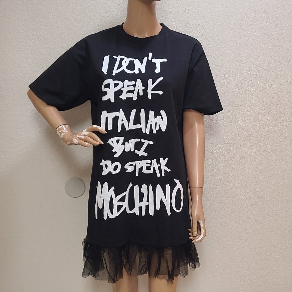 NEW! LOVE MOSCHINO I DON'T SPEAK ITALIAN...STRETCH KNIT T-SHIRT MINI DRESS sz M